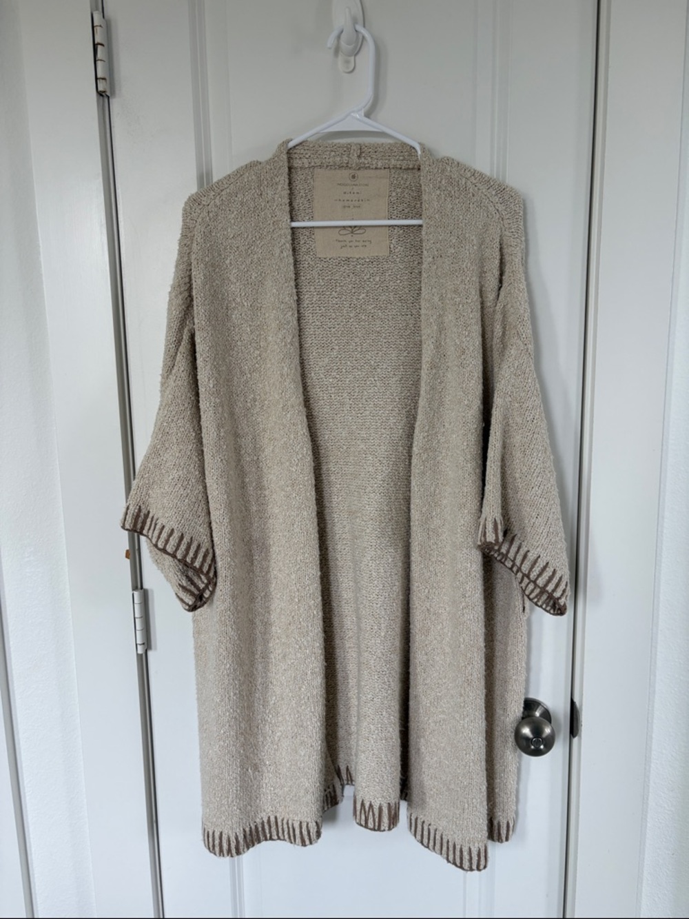 Women's Open-Front Knit Poncho in Beige with Contrast Trim